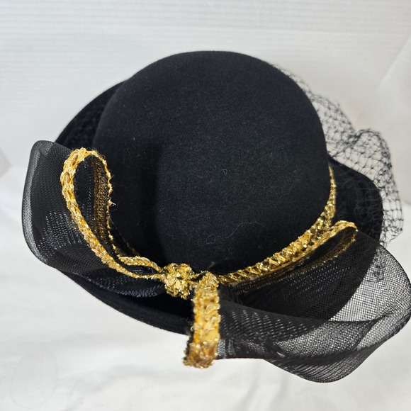 Vintage Mr Charles Black Wool Hat Gold‎ Bow Birdcage Veil Church Derby USA Made main image 8